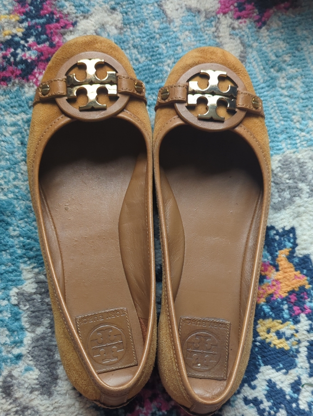 Tory Burch Camel/Tan Suede Logo Ballet Flats